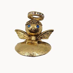 Vtg Brooch Signed Tortolani Guardian Angel Rhinestone Halo Blue Eye Pin Shoulder